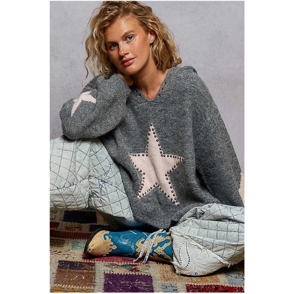 POL Heather Grey Star Print Studded Hoodie Sweater Top